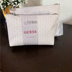 GUESS White and Light Gray Cosmetic Pouch with Red Logo